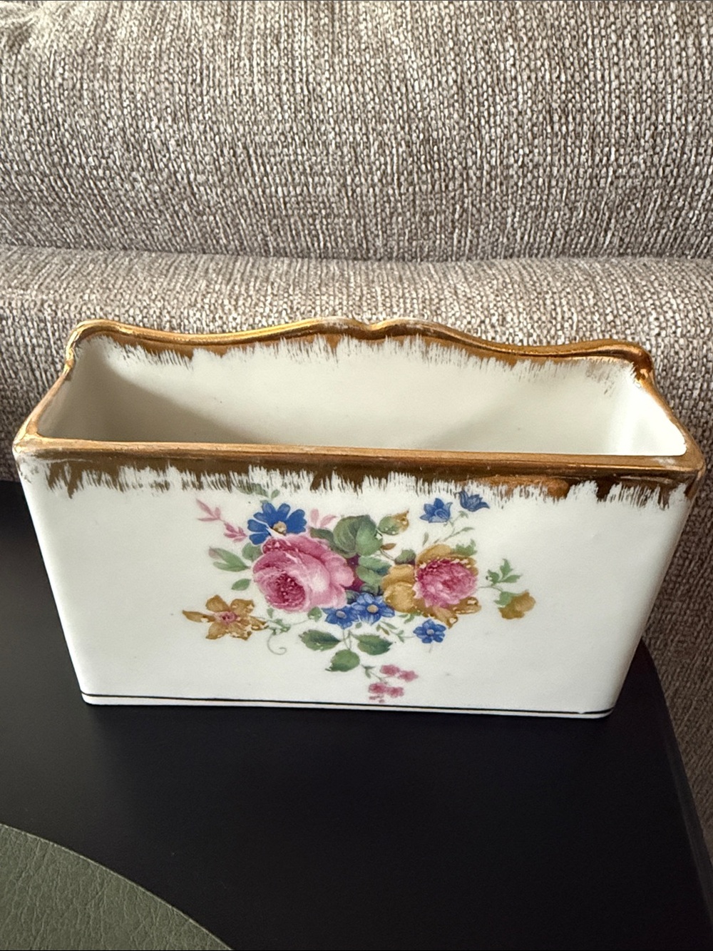 Vintage Floral Porcelain Planter with Gold Trim